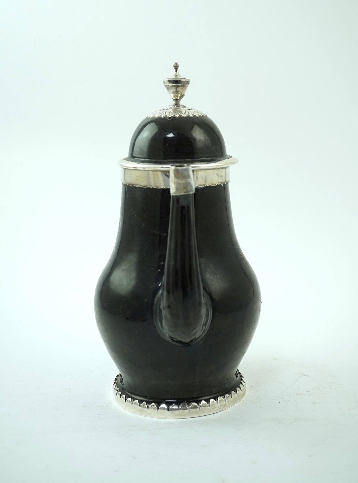 A Belgian silver mounted terre noire de Namur coffee pot, 18th century